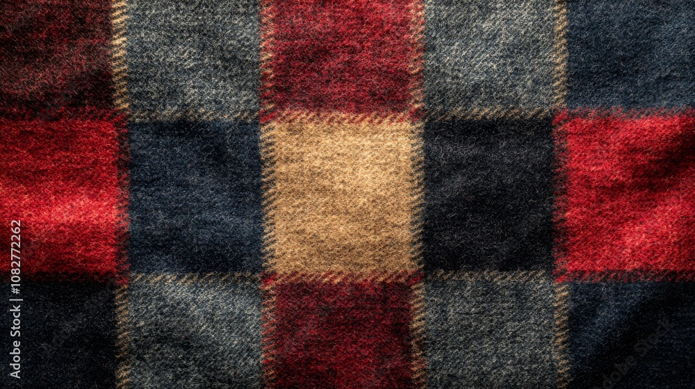 Poster a vibrant patchwork textile features alternating squares in shades of red, black, and beige, creatin