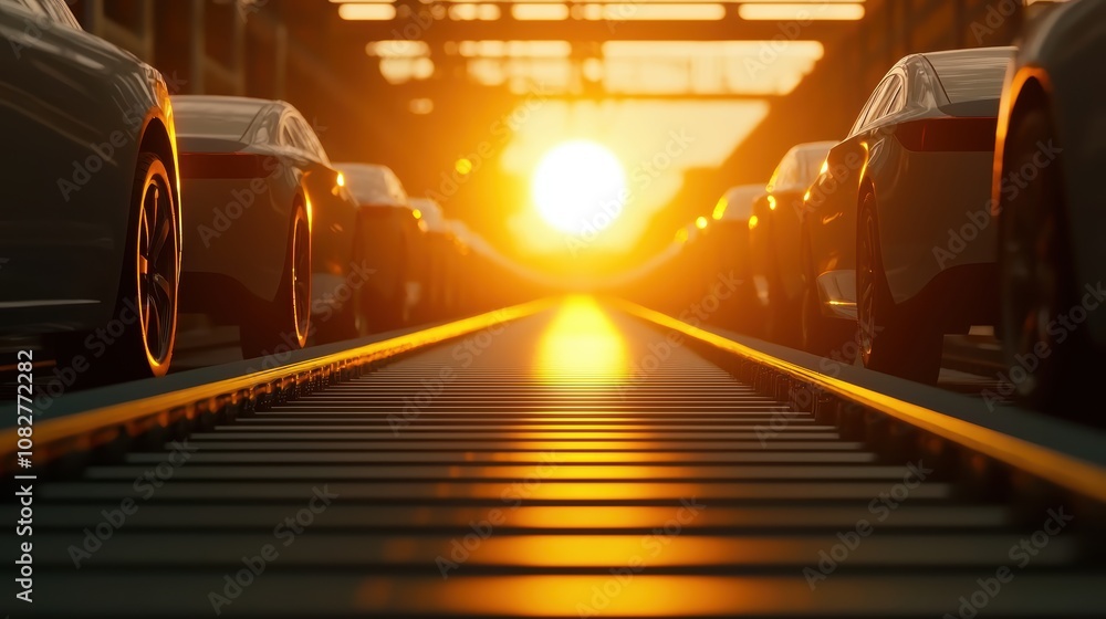 Poster an ai-controlled factory producing autonomous vehicles in a seamless production line