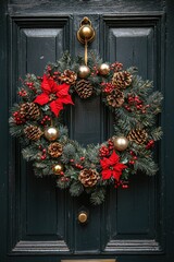 A traditional Christmas wreath with pine cones, berries, and ornaments hangs on a dark green door.