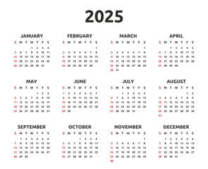 Calendar 2025 year. Week starts Sunday. Simple calender layout. Desk planner template with 12 months. Yearly diary