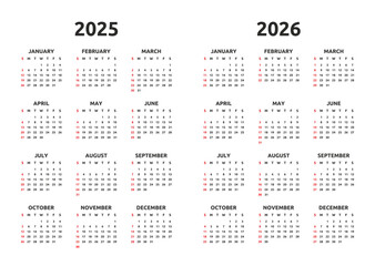 Calendar 2025 and 2026 year. Week starts Sunday. Simple calender layout. Desk planner template with 12 months. Yearly diary