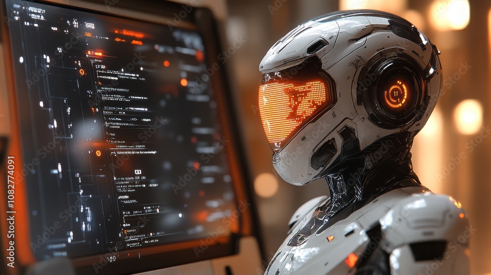 Poster an android interacting with a futuristic holographic display in a high-tech environment