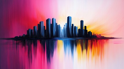 Fototapeta premium Thick palette knife strokes creating a vibrant acrylic cityscape under a sunset sky