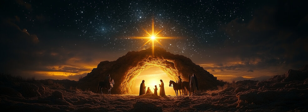 Siluetas navide&ntilde;as bajo un cielo estrellado: la sagrada familia y los Reyes Magos simbolizan la luz de la temporada.
