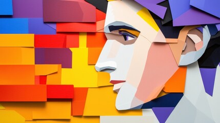 Abstract portraits pieced together using vibrant color blocks and textured paper clippings