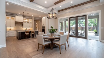 Fototapeta premium Modern farmhouse dining room with large windows leading to a backyard patio and open to a kitchen with white cabinetry and a kitchen island.