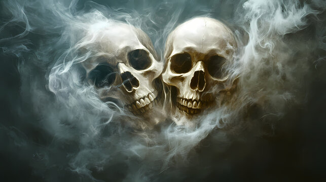 A haunting depiction of two skulls surrounded by wisps of smoke, evoking themes of mortality and the ephemeral nature of life. Ephemeral. Illustration