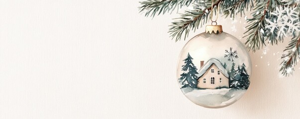 Watercolor cozy winter-themed Christmas glass ornament with a house, pine branches, and snowflakes hanging on a christmas tree on light background. Сlipart image, presented in a flat lay arrangement