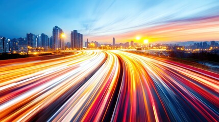 Fototapeta premium Highway with Light Trails at Sunset in Urban Cityscape. Long Exposure of Fast-Moving Traffic Lights Against City Skyline