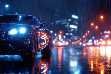 Luxury car driving through city streets at night with bright headlights