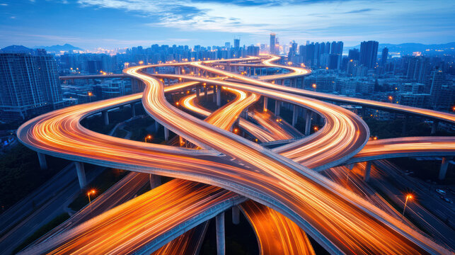 Curved Highway Overpass with Light Trails at Night. Long Exposure of Traffic Lights on Urban Road Interchange.