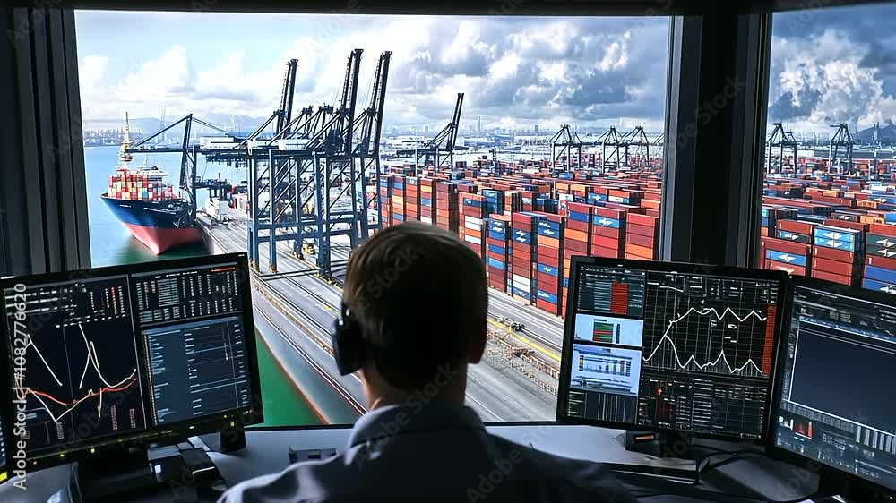 Poster the officer taps on a computer keyboard, surrounded by cargo statistics, while the window offers a v