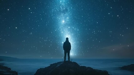 man standing on a rock gazing at beautiful star-filled sky on the beach, 4K UHD