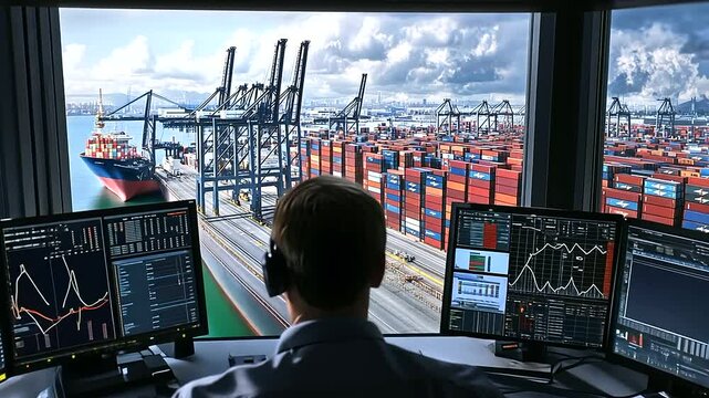 The officer taps on a computer keyboard, surrounded by cargo statistics, while the window offers a view of port cranes lifting containers from ships, blending data with physical lo