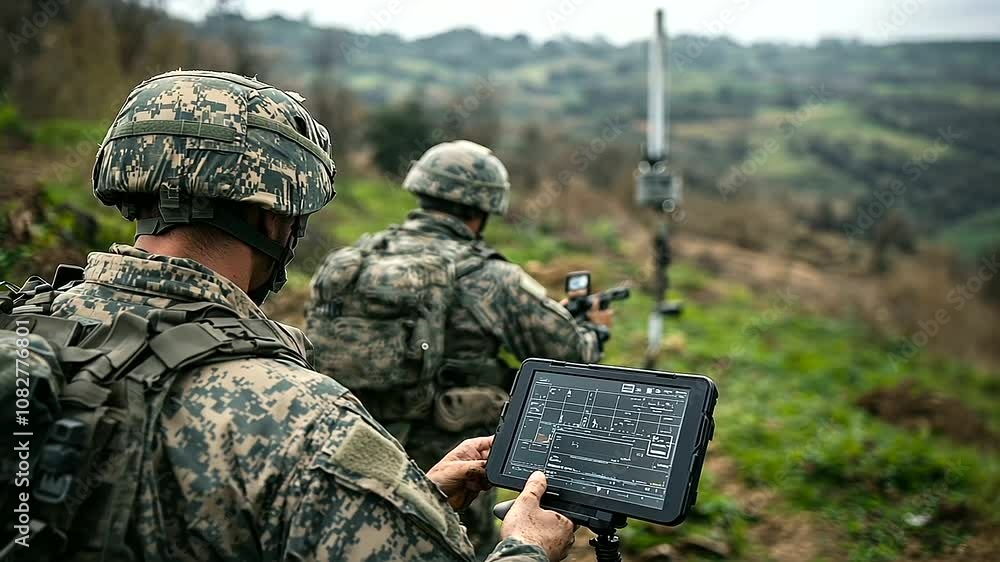 Poster troops stationed at a remote border outpost gather around a tablet displaying real-time surveillance