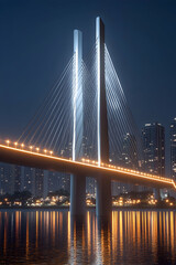 Obraz premium Modern cable-stayed bridge illuminated at night over a city skyline and reflective water.
