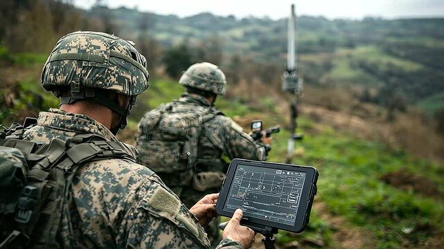 Troops stationed at a remote border outpost gather around a tablet displaying real-time surveillance feeds