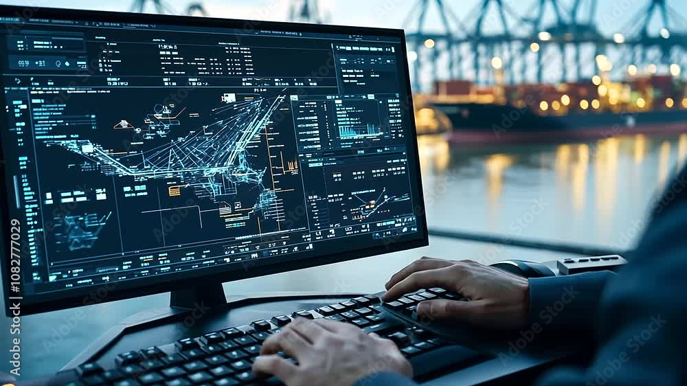Poster zoomed in on a complex digital interface displaying cargo information, the officer’s hand rests near