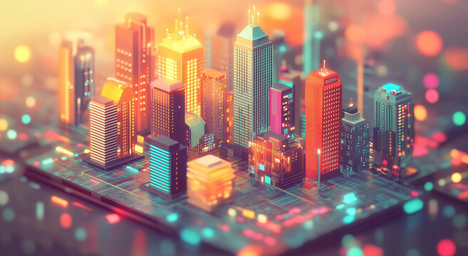 3D isometric, tilt-shift view of a digital cityscape with skyscrapers and buildings made from circuit boards, with a colorful, bokeh effect and a holographic gradient background