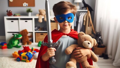 little boy in a red cloak with a toy sword and plush toys in his hands, little warrior