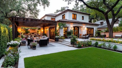 A modern Mediterranean style home with a large patio, pergola, and lush landscaping.