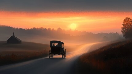 Fototapeta premium Dust rising in the wake of a horse-drawn carriage on a sunlit country road