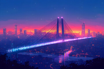 A  bridge  illuminated  with  lights  over  a  city  at  sunset  with  a  starry  sky.