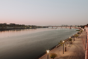 Fototapeta premium Ahmedabad Waterfront - Photos of River Sabarmati at dawn and sunrise. Images of the the city of Ahmedabad which is the largest city in the state of Gujarati in India.