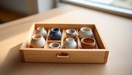 나무박스 안에 정교하게 배열 된 도자기 그릇과 컵
