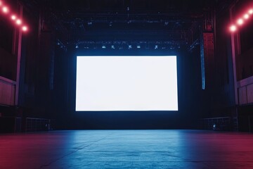 A large blank screen on stage in a concert hall with colorful lights in a dark setting ready for an...