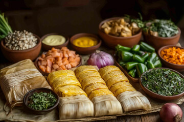 Fototapeta premium Tradición culinarialatinoamericana con tamales envueltas en hojas de maiz, rodeadas de guarniciones coloridas 