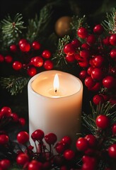 Cozy Holiday Candle Decor with Red Berries and Greenery