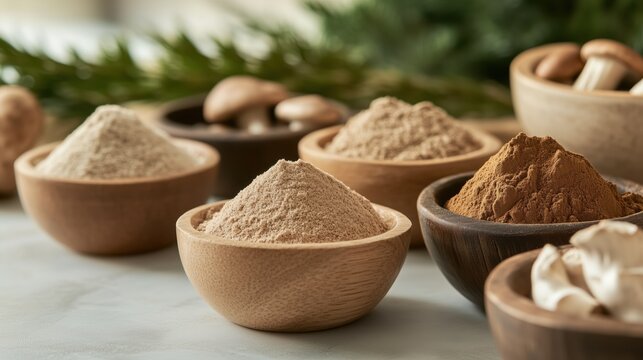 Assorted mushroom powders in wooden bowls on light surface