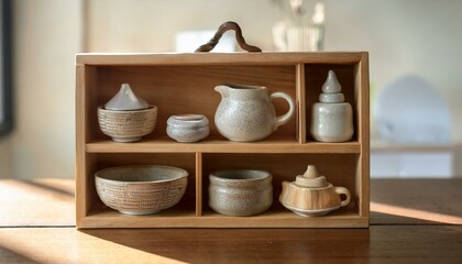나무박스 안에 정교하게 배열 된 도자기 그릇과 컵