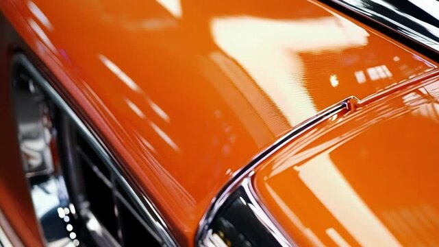 The classic car shines in orange paint and chrome, reflecting light in the garage. It exudes style, luxury, and power, a dream car for enthusiasts