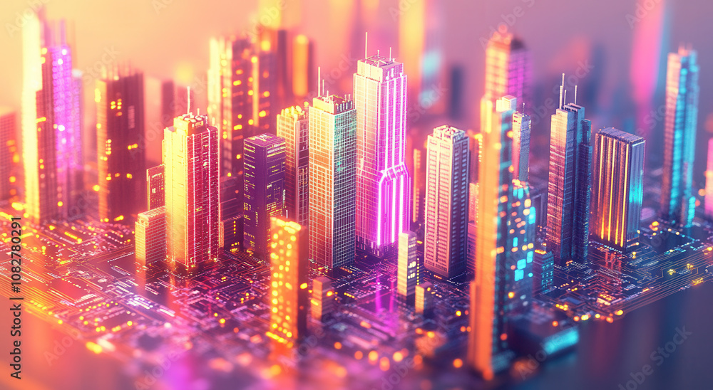 Poster 3d isometric, tilt-shift view of a digital cityscape with skyscrapers and buildings made from circui