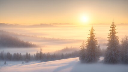 Winter forest in the morning during sunrise, sunlight penetrates the fog, warm colors, AI generation