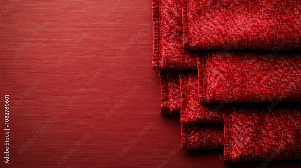 Poster a stack of rich red fabric folded neatly on a textured background.