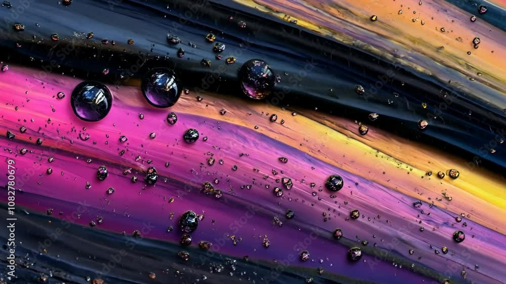 Poster water droplets rest on a vibrant painted surface, creating a colorful abstract design