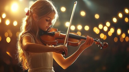 Little girl playing violin in concert hall under spotlights
