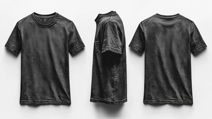Vintage Slate Gray T-shirt Mockup Front Side Back Views. Generative AI
