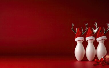 A festive scene featuring bowling pins adorned with Santa hats and reindeer antlers against a vibrant red background.