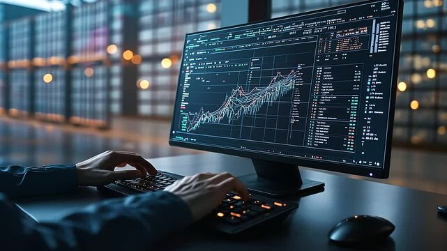 A glowing computer monitor shows detailed cargo metrics, with an officer&rsquo;s hand resting on the mouse, and stacks of shipping containers just outside the glass window of the office.