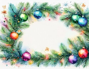 Marco navideño colorido, con ramas de arbol de navidad, bolas y luces de colores, espacio para texto