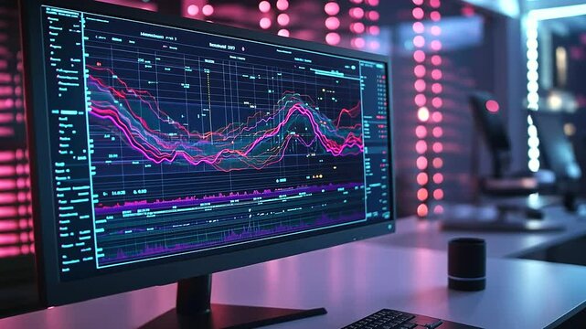 A high-resolution seismograph monitor displaying complex, multi-layered earthquake waveforms in vibrant colors, surrounded by a minimalist lab setting with glowing data points.