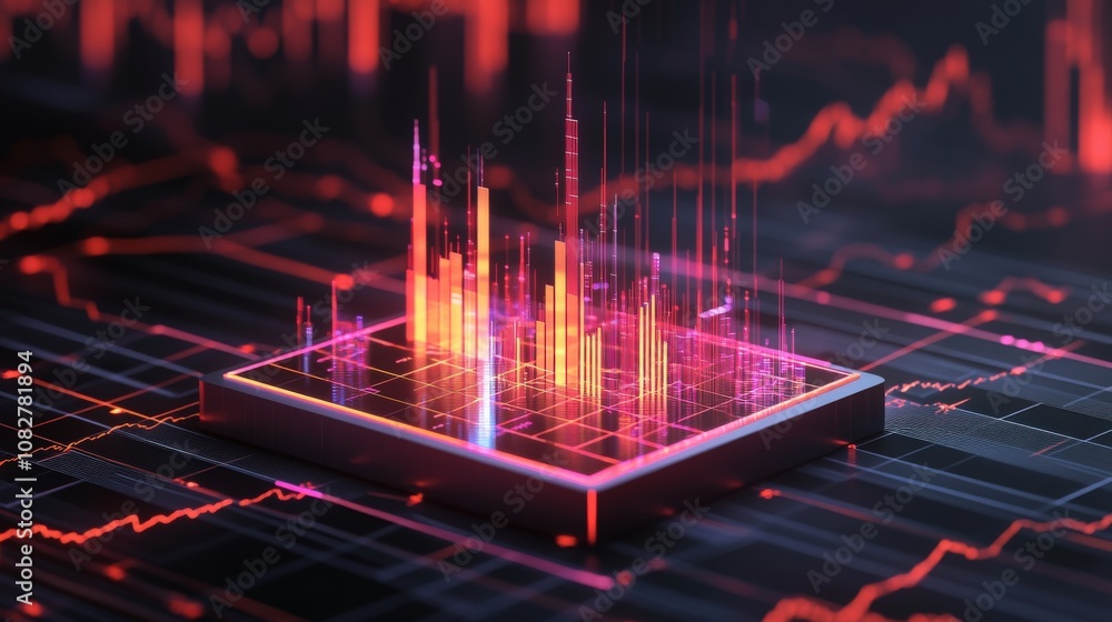 Poster 3d rendered neon data visualization on a grid
