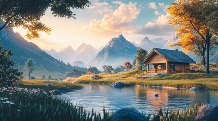 Obraz premium A cozy riverside bungalow with a backdrop of majestic mountains, vivid tones capturing the serene landscape, professional quality detail.