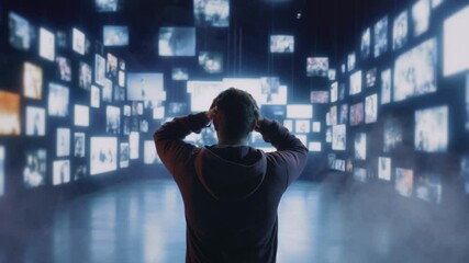 Man Overwhelmed By Digital Screens Information Overload Virtual Reality Modern Technology