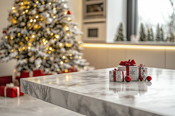 A modern kitchen with a white marble countertop and a Christmas tree in the background. Small wrapped gifts are placed on the tabletop, creating a shallow depth of field.