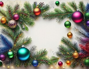 Marco navideño colorido, con ramas de arbol de navidad, bolas y luces de colores, espacio para exto